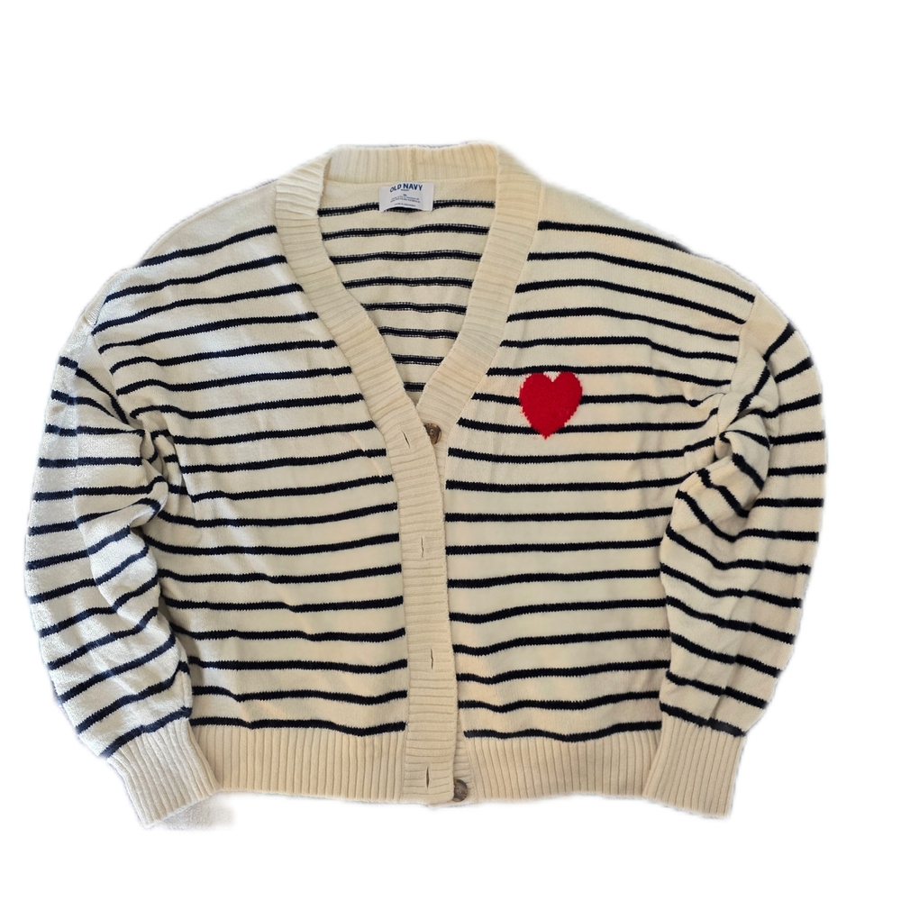 Old Navy Cream & Black Striped Cardigan with Red Heart Patch